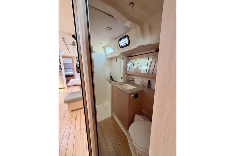 Slide: The Image of Interior view of 2020 Beneteau Oceanis 51.1 yacht bathroom with modern fixtures. - 62