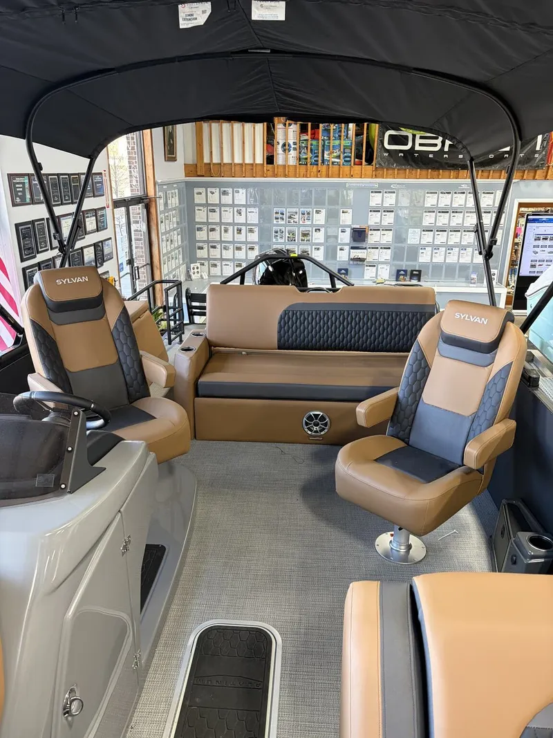Slide: The Image of Interior of 2026 Sylvan L Series L-3 ULZ Platinum with luxurious seating. - 4