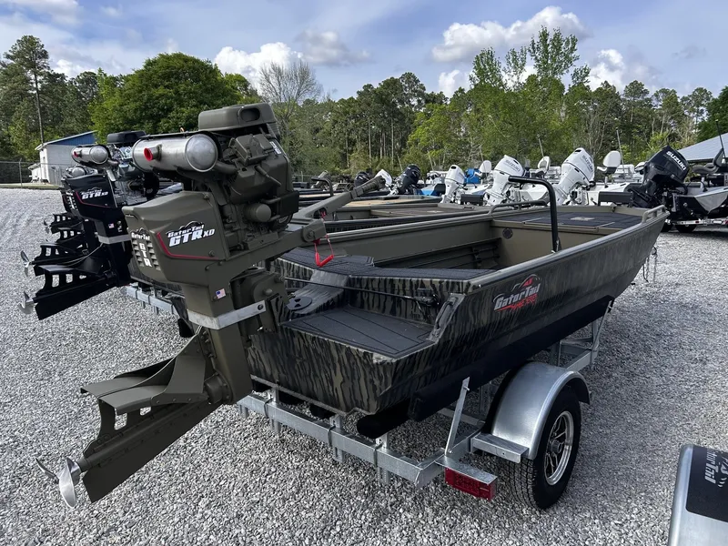 Slide: The Image of Gator Tail Savage Series 1750 boat, 2026 model, on trailer outdoors. - 4