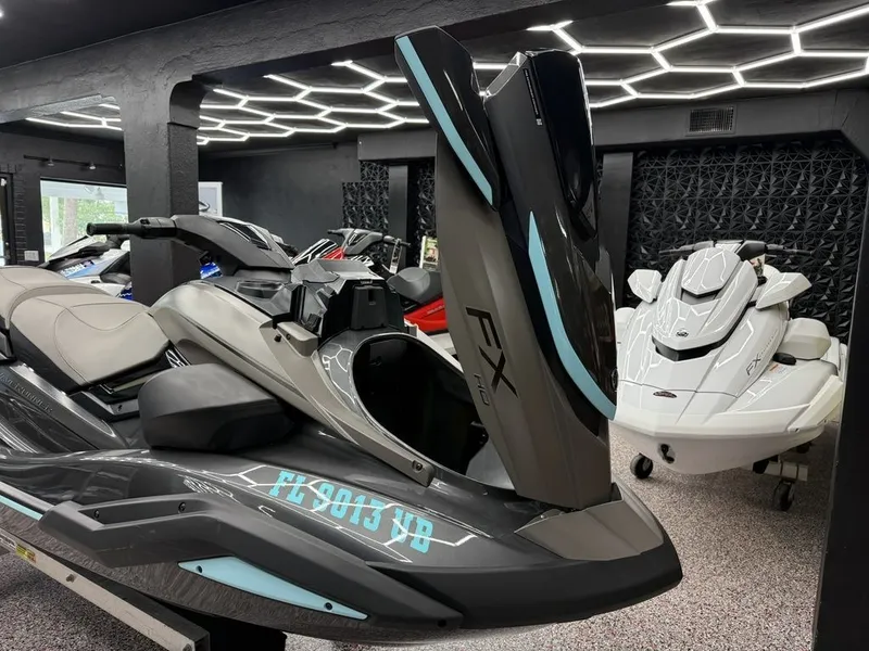 Slide: The Image of 2025 Yamaha WaveRunners FX® HO with Audio in modern showroom. - 3
