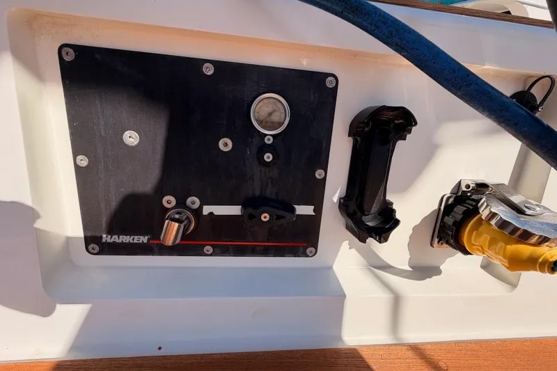 Slide: The Image of Control panel on a 2017 Solaris 50 yacht, featuring Harken equipment and various connectors. - 53