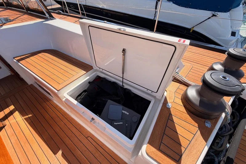 Slide: The Image of Open storage compartment on 2017 Solaris 50 yacht deck with Raymarine equipment. - 59