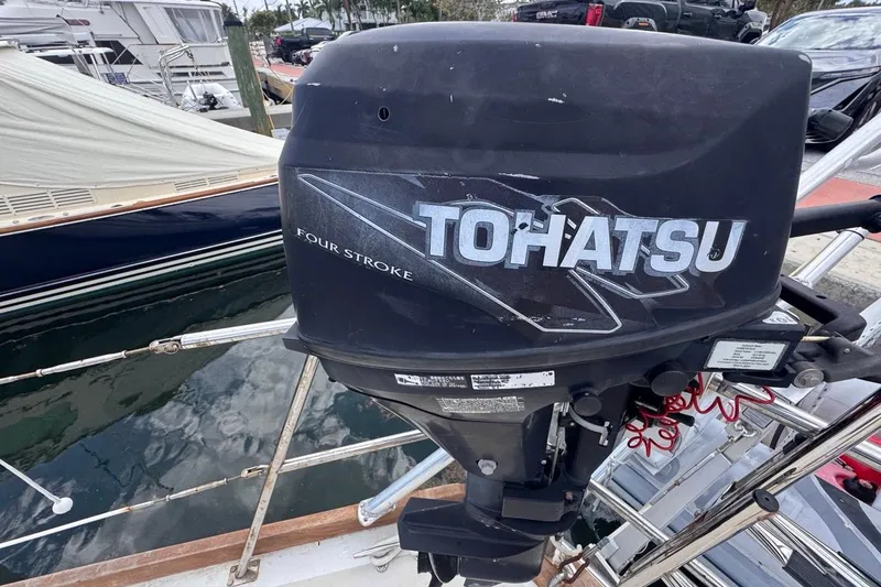 Slide: The Image of Tohatsu four-stroke outboard motor on a 1981 Gulfstar 44 Mk II Center Cockpit Sloop. - 16