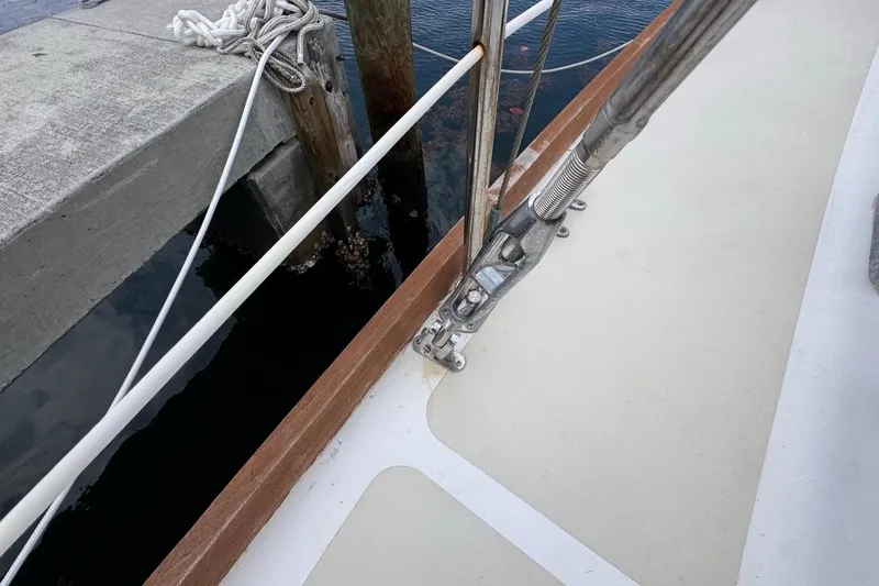 Slide: The Image of Deck view of 1981 Gulfstar 44 Mk II Center Cockpit Sloop moored at dock. - 26