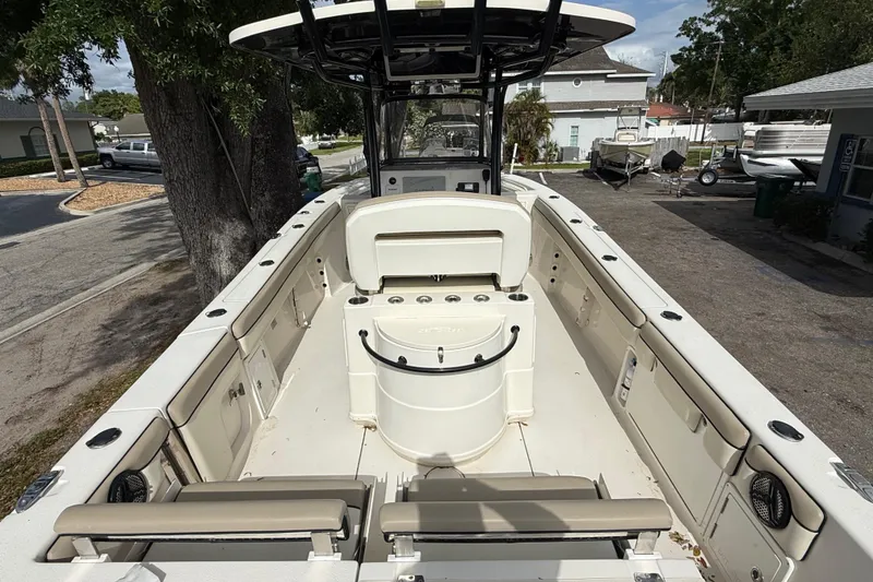 Slide: The Image of 2020 Sea Chaser 27 HFC CC boat interior with seating and storage compartments. - 9