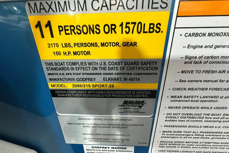 Slide: The Image of Sweetwater EX2086SFLX 2026 boat capacity label: 11 persons or 1570 lbs, 150 HP motor. - 12