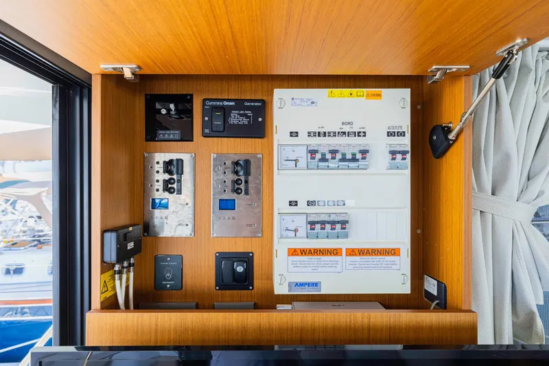 Slide: The Image of Electrical control panel on a 2019 Beneteau Swift Trawler 35 boat interior. - 50