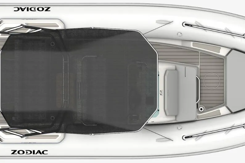 Slide: The Image of Top view of 2026 Zodiac Medline 5.8 inflatable boat with shaded seating area. - 2