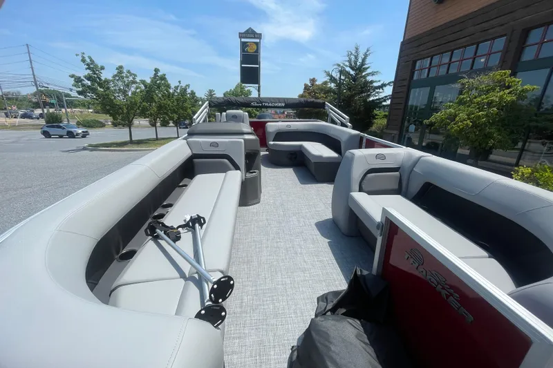 Slide: The Image of 2026 Sun Tracker Party Barge 18 DLX pontoon boat with spacious seating and modern design. - 2