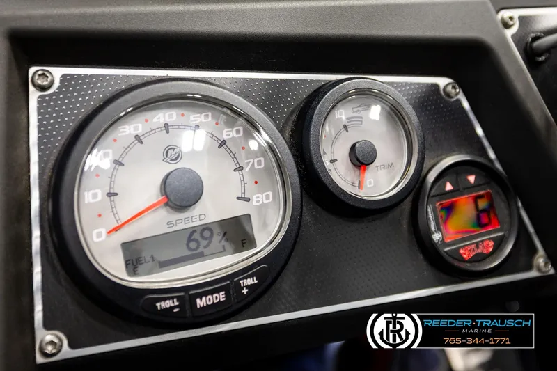 Slide: The Image of Dashboard of 2023 Ranger Z519 boat showing speedometer, trim gauge, and digital display. - 28