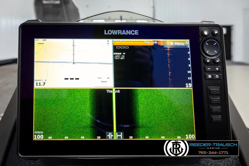 Slide: The Image of Lowrance fishfinder display on 2023 Ranger Z519 boat, showing sonar and navigation data. - 30
