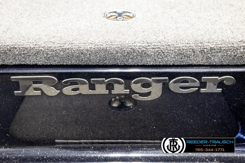 Slide: The Image of 2023 Ranger Z519 boat logo with textured surface and Reeder-Trausch Marine contact details. - 39