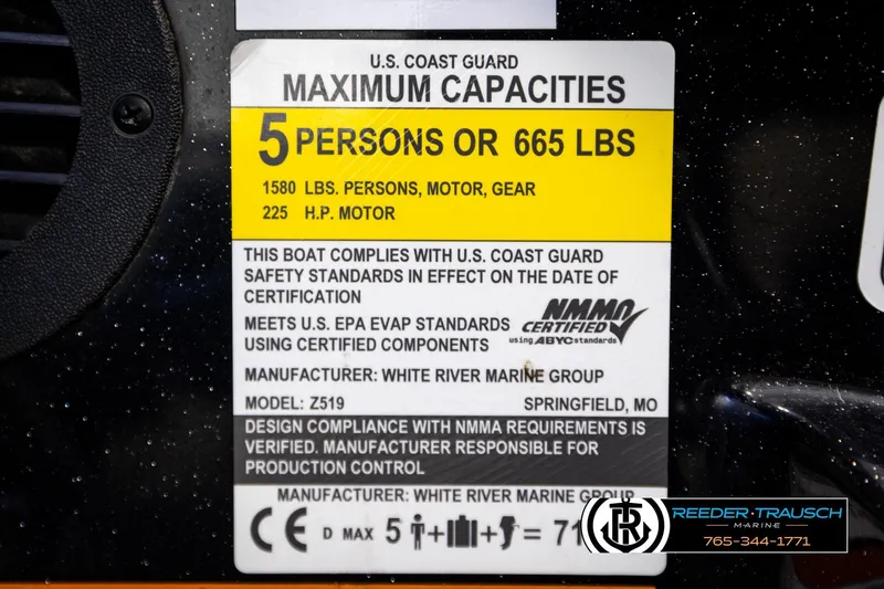 Slide: The Image of 2023 Ranger Z519 capacity label, U.S. Coast Guard certified, 5 persons or 665 lbs, 225 HP motor. - 57