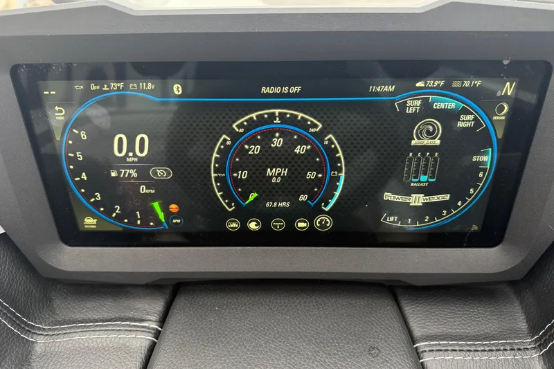 Slide: The Image of Dashboard display of a 2021 Malibu Wakesetter 21 VLX boat, showing speed and ballast settings. - 19