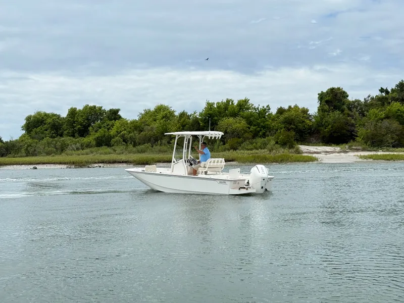Slide: The Image of A 2026 Boston Whaler 210 Montauk cruising on calm waters, surrounded by green vegetation. - 4
