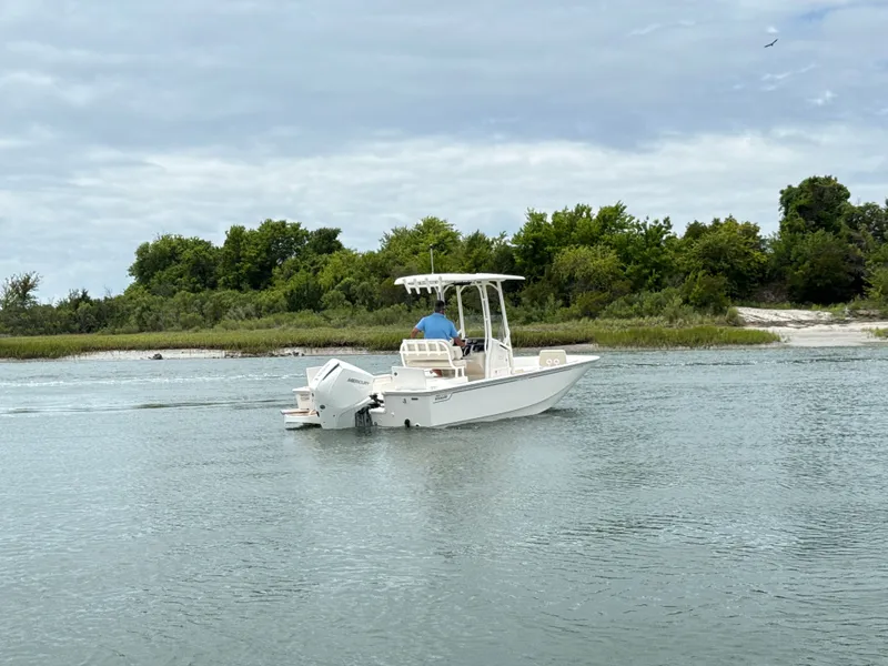 Slide: The Image of A 2026 Boston Whaler 210 Montauk cruising on calm waters, surrounded by green vegetation. - 1