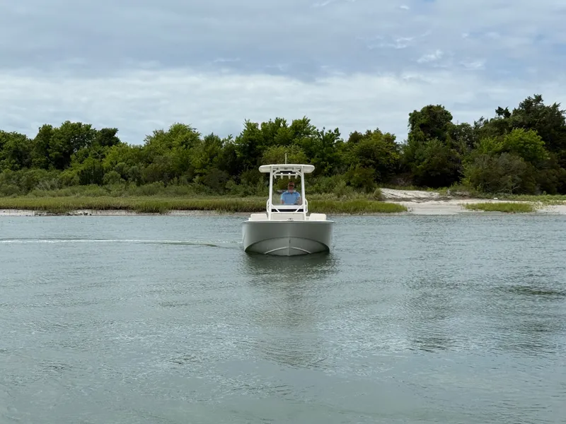 Slide: The Image of A 2026 Boston Whaler 210 Montauk cruising on calm water near a wooded shoreline. - 6