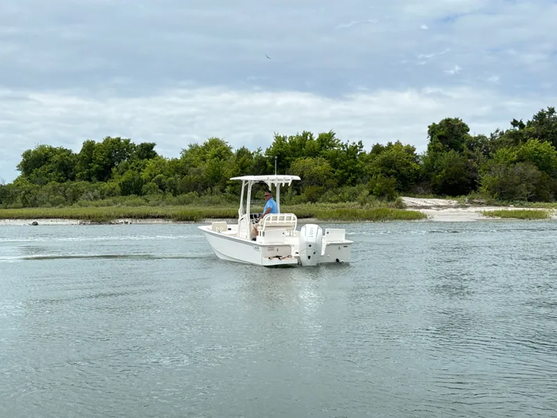 Slide: The Image of A 2026 Boston Whaler 210 Montauk cruising on calm water, surrounded by green vegetation. - 2