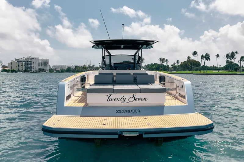 Slide: The Image of 2024 Pardo Yachts 43 on water, rear view, sunny day, Golden Beach, FL. - 16
