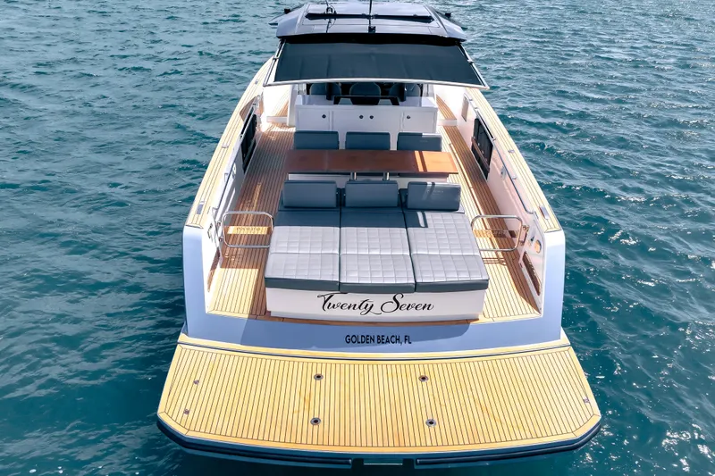 Slide: The Image of 2024 Pardo Yachts 43 on water, featuring spacious deck and elegant design. - 17