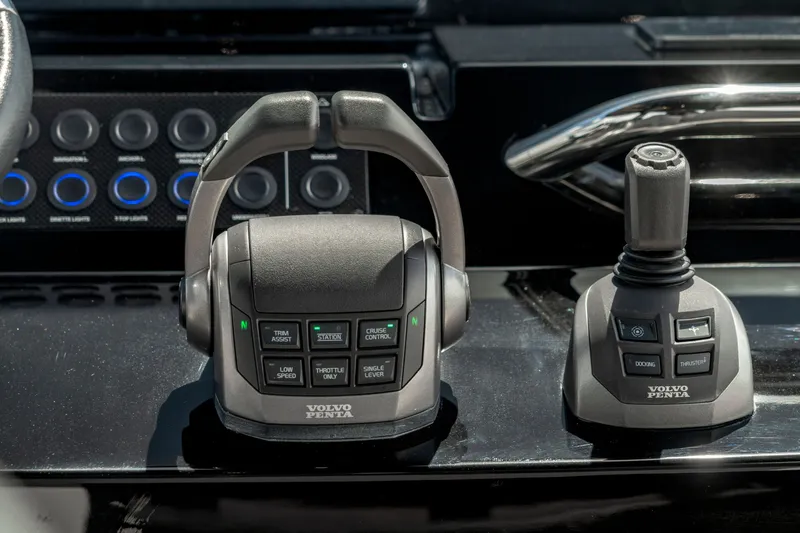 Slide: The Image of Volvo Penta controls on 2024 Pardo Yachts 43 dashboard, featuring advanced navigation technology. - 25