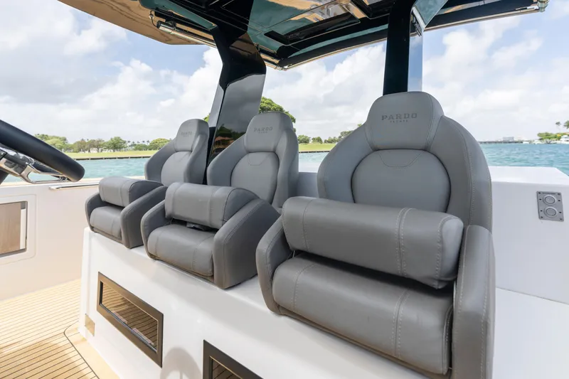 Slide: The Image of Luxury seating on 2024 Pardo Yachts 43, featuring sleek gray upholstery and modern design. - 28