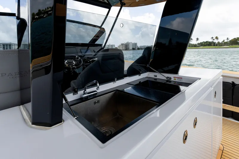 Slide: The Image of 2024 Pardo Yachts 43 interior with sleek sink and modern cockpit design. - 34