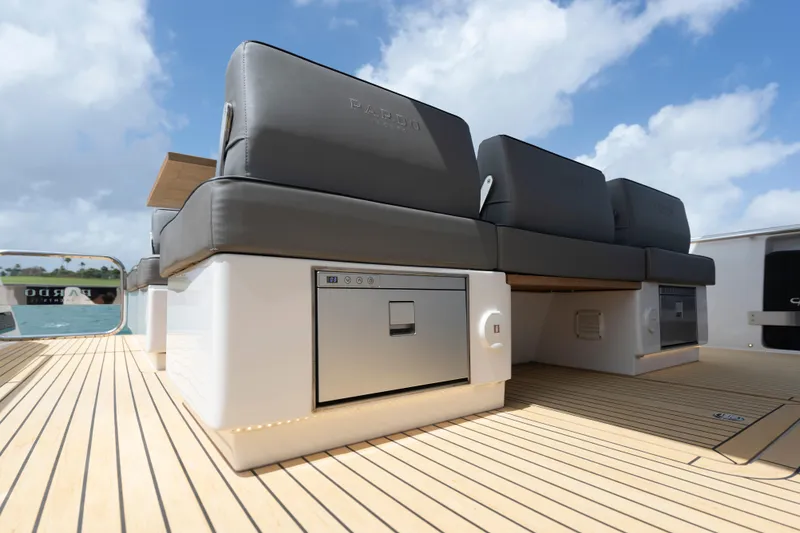 Slide: The Image of Luxury seating on 2024 Pardo Yachts 43, featuring sleek design and integrated storage. - 41