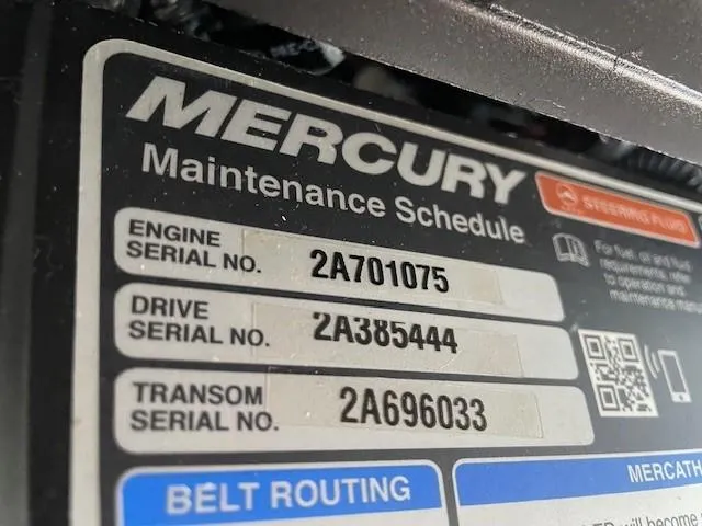 Slide: The Image of Mercury maintenance schedule label with serial numbers for Crownline 270 CR, 2023 model. - 8