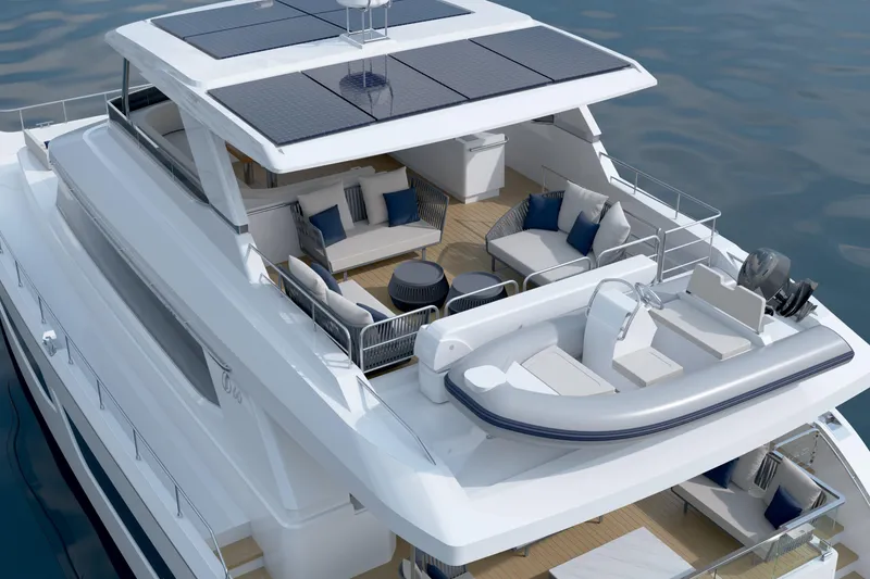 Slide: The Image of Luxurious 2026 ILIAD 60 yacht with spacious deck, seating, and solar panels. - 3
