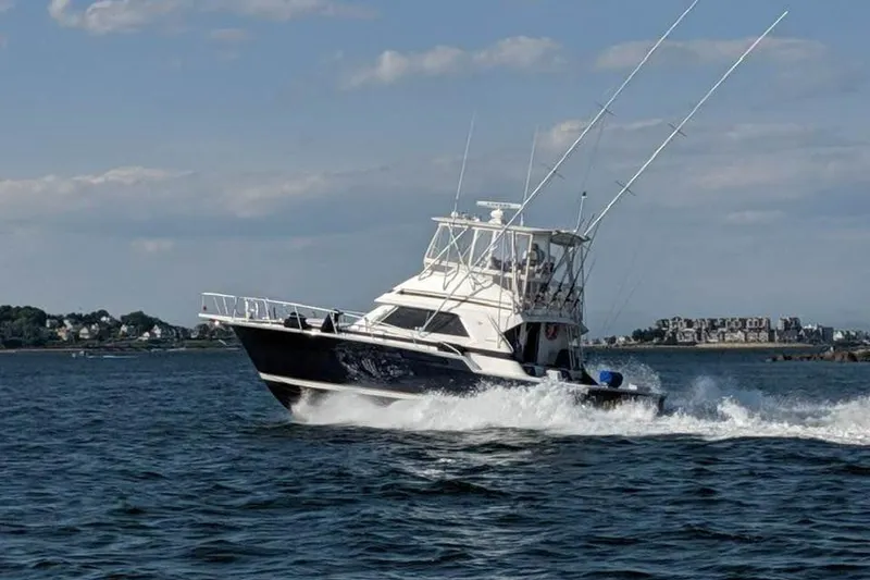 The Image of 1995 Bertram 43 Convertible yacht cruising on open water. - 1