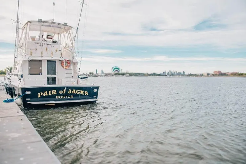 Slide: The Image of Bertram 43 Convertible yacht "Pair of Jacks" docked in Boston, 1995 model. - 20
