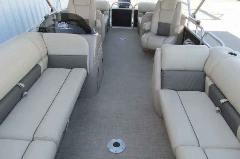Slide: The Image of 2022 Sun Tracker Party Barge 22 DLX interior with spacious seating and modern design. - 10