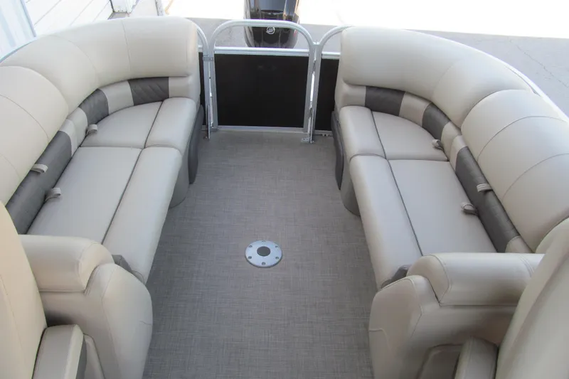Slide: The Image of 2022 Sun Tracker Party Barge 22 DLX interior with spacious seating and modern design. - 14