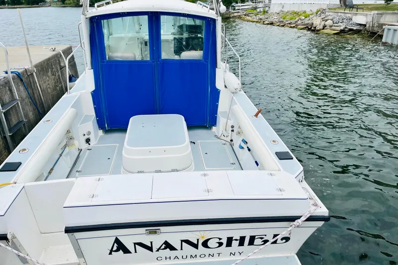Slide: The Image of 2002 Albin 28 Tournament Express boat docked by the water, featuring a blue canopy. - 3