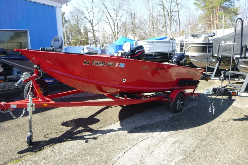 The Image of 2025 Smoker Craft Lazer 161 boat in vibrant red on a trailer. - 1