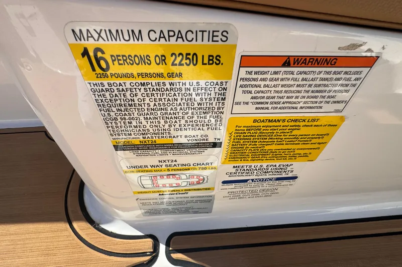 Slide: The Image of 2021 MasterCraft NXT24 capacity label showing maximum 16 persons or 2250 lbs. - 16