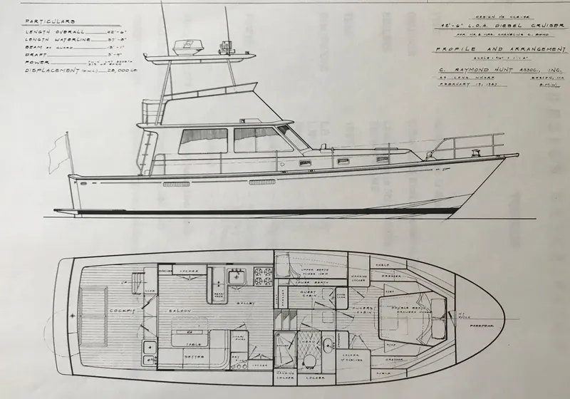 Slide: The Image of 1987 Lyman-Morse Hunt 42 yacht blueprint, side and floor plan view. - 5