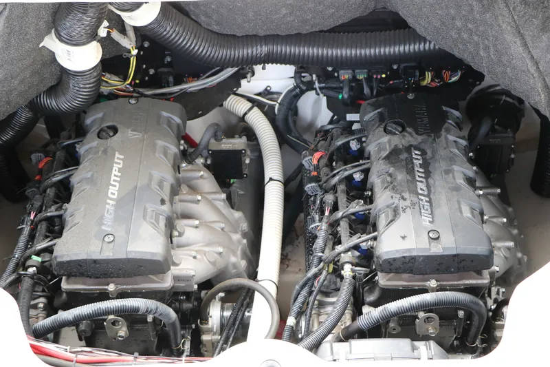 Slide: The Image of 2017 Yamaha Boats AR240 HO engine compartment with dual high-output engines. - 49