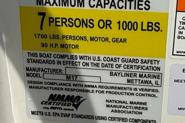 Slide: The Image of Bayliner M17 2026 capacity label: 7 persons or 1000 lbs, 90 HP motor, NMMA certified. - 11