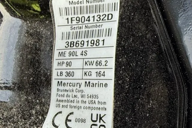 Slide: The Image of Label on Mercury Marine engine, model ME 90L 4S, 90 HP, for Bayliner M17, 2026. - 13