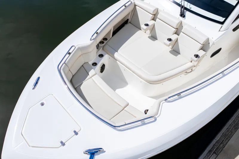 Slide: The Image of 2019 Boston Whaler 350 Realm boat with spacious seating and sleek design. - 9