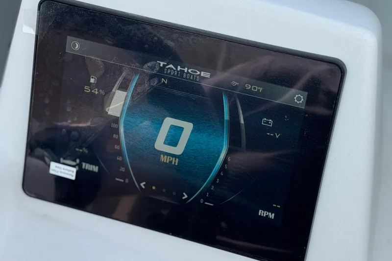 Slide: The Image of Digital dashboard of 2025 Tahoe T16 boat displaying speed and fuel level. - 27