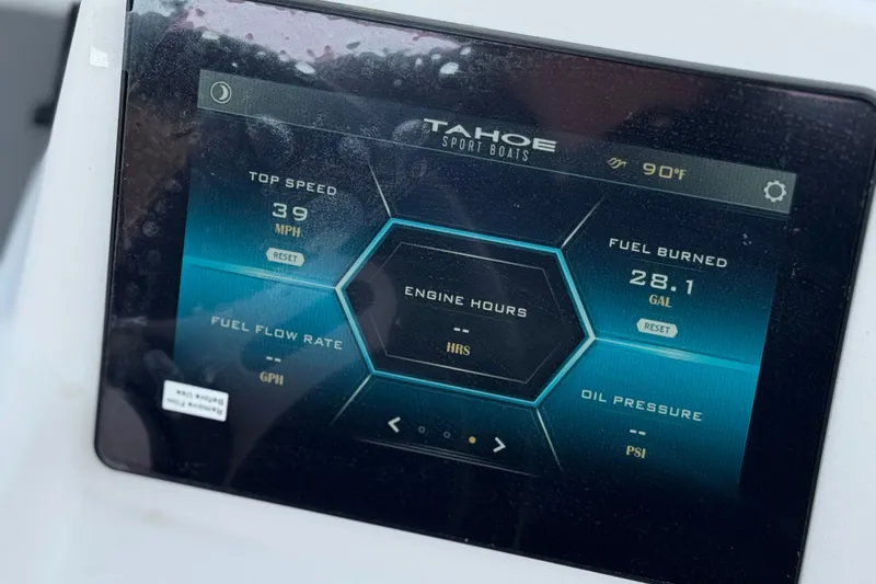 Slide: The Image of Display screen of 2025 Tahoe T16 boat showing speed, fuel, and temperature data. - 29