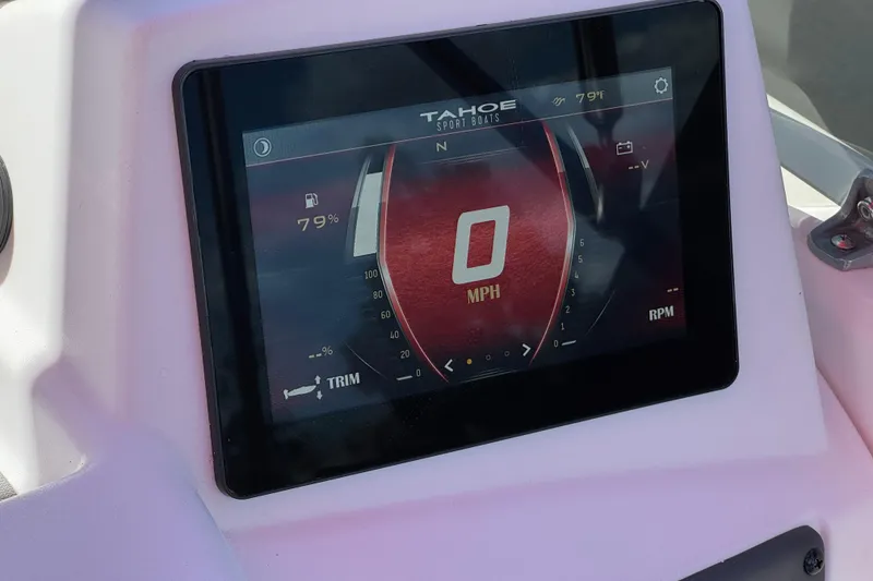 Slide: The Image of Dashboard display of 2024 Tahoe T16 boat showing speed and fuel level. - 26