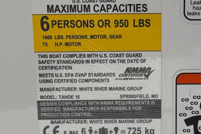 Slide: The Image of 2024 Tahoe T16 boat capacity label, 6 persons or 950 lbs, NMMA certified. - 31