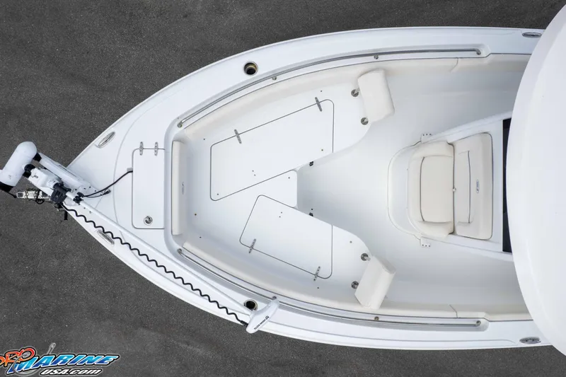 Slide: The Image of Overhead view of 2023 Sea Hunt Ultra 239 SE boat deck, featuring seating and storage compartments. - 50