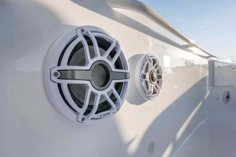Slide: The Image of Speakers on 2026 Everglades 335 Center Console boat, showcasing sleek design and audio features. - 23
