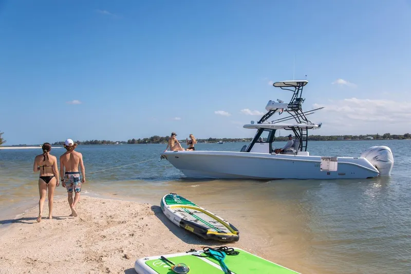 Slide: The Image of 2026 Everglades 335 Center Console boat near sandy beach with paddleboards and people. - 9