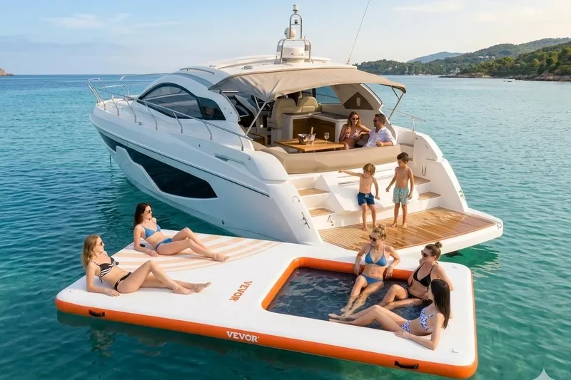 The Image of 2024 Sessa Marine C44 Cruiser with people relaxing on a floating platform in clear water. - 0